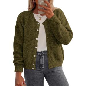 imagePRETTYGARDEN Fall Long Sleeve Cardigans for Women Trendy 2026 Lightweight Button Down Crewneck Loose Knit Sweater ClothesArmy Green