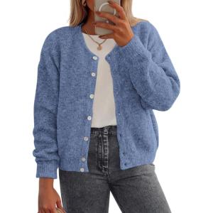 imagePRETTYGARDEN Fall Long Sleeve Cardigans for Women Trendy 2026 Lightweight Button Down Crewneck Loose Knit Sweater ClothesBlue
