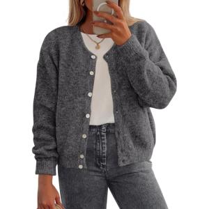 imagePRETTYGARDEN Fall Long Sleeve Cardigans for Women Trendy 2026 Lightweight Button Down Crewneck Loose Knit Sweater ClothesGrey
