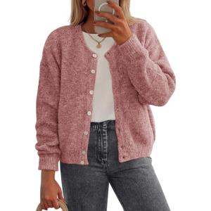 imagePRETTYGARDEN Fall Long Sleeve Cardigans for Women Trendy 2026 Lightweight Button Down Crewneck Loose Knit Sweater ClothesGrey Pink