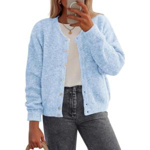 imagePRETTYGARDEN Fall Long Sleeve Cardigans for Women Trendy 2026 Lightweight Button Down Crewneck Loose Knit Sweater ClothesLight Blue