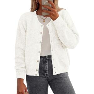 imagePRETTYGARDEN Fall Long Sleeve Cardigans for Women Trendy 2026 Lightweight Button Down Crewneck Loose Knit Sweater ClothesWhite