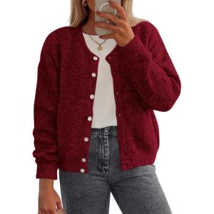 imagePRETTYGARDEN Fall Long Sleeve Cardigans for Women Trendy 2026 Lightweight Button Down Crewneck Loose Knit Sweater ClothesWine Red
