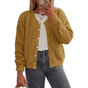 imagePRETTYGARDEN Fall Long Sleeve Cardigans for Women Trendy 2026 Lightweight Button Down Crewneck Loose Knit Sweater ClothesYellow