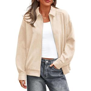 imagePRETTYGARDEN Faux Suede Bomber Jacket Women Fall Fashion 2026 Casual Zip Up Oversized Trendy Winter Clothing Outerwear CoatsBeige