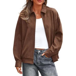 imagePRETTYGARDEN Faux Suede Bomber Jacket Women Fall Fashion 2026 Casual Zip Up Oversized Trendy Winter Clothing Outerwear CoatsBrown