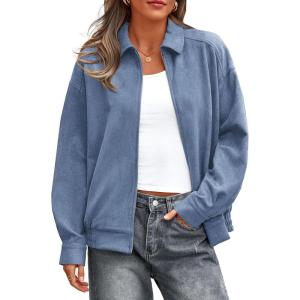 imagePRETTYGARDEN Faux Suede Bomber Jacket Women Fall Fashion 2026 Casual Zip Up Oversized Trendy Winter Clothing Outerwear CoatsDusty Blue