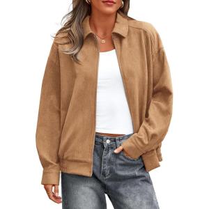 imagePRETTYGARDEN Faux Suede Bomber Jacket Women Fall Fashion 2026 Casual Zip Up Oversized Trendy Winter Clothing Outerwear CoatsKhaki