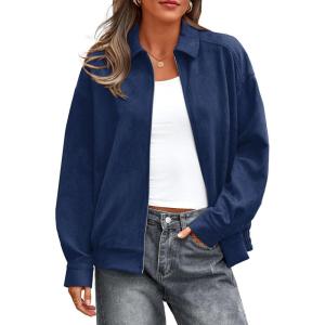 imagePRETTYGARDEN Faux Suede Bomber Jacket Women Fall Fashion 2026 Casual Zip Up Oversized Trendy Winter Clothing Outerwear CoatsNavy Blue