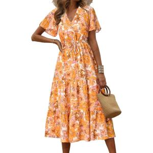 imagePRETTYGARDEN Floral Dress for Women 2026 Summer Casual Short Sleeve Maxi Dresses V Neck Tiered Flowy Boho Beach SundressWhite Yellow Floral
