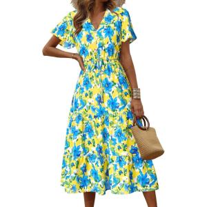 imagePRETTYGARDEN Floral Dress for Women 2026 Summer Casual Short Sleeve Maxi Dresses V Neck Tiered Flowy Boho Beach SundressYellow Blue Floral