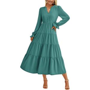 imagePRETTYGARDEN Long Sleeve Dress for Women Fall V Neck Tiered A Line Spring Elegant Modest Flowy Wedding Guest Maxi DressesBlue Green