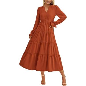 imagePRETTYGARDEN Long Sleeve Dress for Women Fall V Neck Tiered A Line Spring Elegant Modest Flowy Wedding Guest Maxi DressesBrick Red
