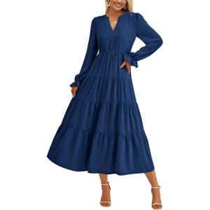 imagePRETTYGARDEN Long Sleeve Dress for Women Fall V Neck Tiered A Line Spring Elegant Modest Flowy Wedding Guest Maxi DressesDark Blue