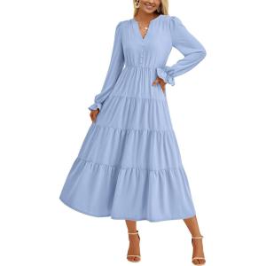 imagePRETTYGARDEN Long Sleeve Dress for Women Fall V Neck Tiered A Line Spring Elegant Modest Flowy Wedding Guest Maxi DressesLight Blue