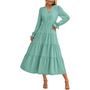 imagePRETTYGARDEN Long Sleeve Dress for Women Fall V Neck Tiered A Line Spring Elegant Modest Flowy Wedding Guest Maxi DressesLight Green