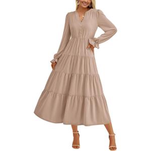 imagePRETTYGARDEN Long Sleeve Dress for Women Fall V Neck Tiered A Line Spring Elegant Modest Flowy Wedding Guest Maxi DressesLight Khaki