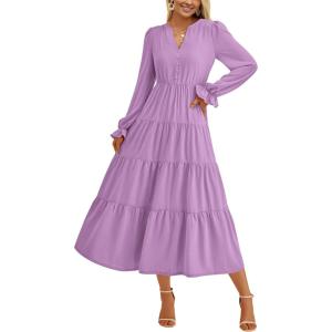 imagePRETTYGARDEN Long Sleeve Dress for Women Fall V Neck Tiered A Line Spring Elegant Modest Flowy Wedding Guest Maxi DressesPurple