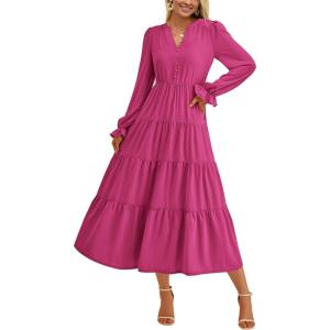 imagePRETTYGARDEN Long Sleeve Dress for Women Fall V Neck Tiered A Line Spring Elegant Modest Flowy Wedding Guest Maxi DressesRose Red
