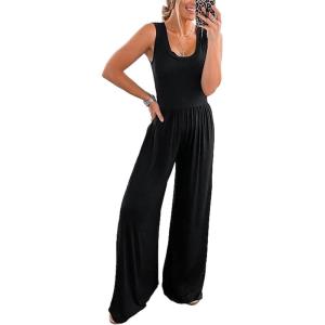 imagePRETTYGARDEN One Piece Jumpsuits 2026 Spring Sleeveless Tank Summer Casual Travel Airport Outfits Wide Leg Pants RompersBlack