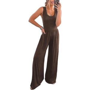 imagePRETTYGARDEN One Piece Jumpsuits 2026 Spring Sleeveless Tank Summer Casual Travel Airport Outfits Wide Leg Pants RompersBrown