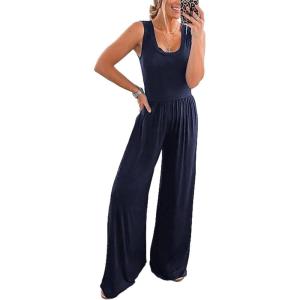 imagePRETTYGARDEN One Piece Jumpsuits 2026 Spring Sleeveless Tank Summer Casual Travel Airport Outfits Wide Leg Pants RompersNavy