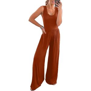 imagePRETTYGARDEN One Piece Jumpsuits 2026 Spring Sleeveless Tank Summer Casual Travel Airport Outfits Wide Leg Pants RompersOrange Red
