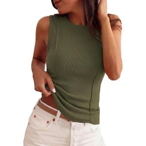 imagePRETTYGARDEN Sleeveless Tops for Women 2026 Summer Ribbed Tank Top Fitted Shirts Basic Tees Cute Spring Going Out Y2k ClothesArmy Green