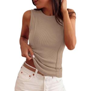 imagePRETTYGARDEN Sleeveless Tops for Women 2026 Summer Ribbed Tank Top Fitted Shirts Basic Tees Cute Spring Going Out Y2k ClothesKhaki