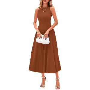 imagePRETTYGARDEN Spring Casual Dresses for Women 2026 Summer Business Work Midi Sleeveless A Line Pleated Cocktail DressCaramel