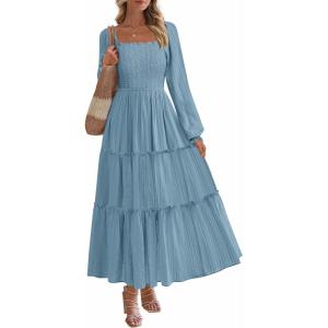 imagePRETTYGARDEN Spring Dresses for Women 2026 Casual Long Sleeve Smocked Ruffle Flowy Elegant Wedding Guest Maxi Dress PocketsDusty Blue