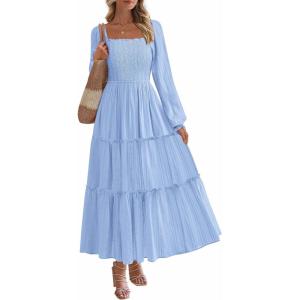 imagePRETTYGARDEN Spring Dresses for Women 2026 Casual Long Sleeve Smocked Ruffle Flowy Elegant Wedding Guest Maxi Dress PocketsLight Blue