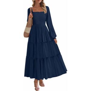 imagePRETTYGARDEN Spring Dresses for Women 2026 Casual Long Sleeve Smocked Ruffle Flowy Elegant Wedding Guest Maxi Dress PocketsNavy Blue