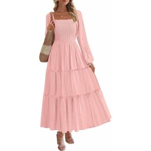 imagePRETTYGARDEN Spring Dresses for Women 2026 Casual Long Sleeve Smocked Ruffle Flowy Elegant Wedding Guest Maxi Dress PocketsPink