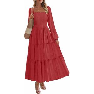 imagePRETTYGARDEN Spring Dresses for Women 2026 Casual Long Sleeve Smocked Ruffle Flowy Elegant Wedding Guest Maxi Dress PocketsRed