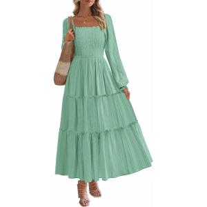 imagePRETTYGARDEN Spring Dresses for Women 2026 Casual Long Sleeve Smocked Ruffle Flowy Elegant Wedding Guest Maxi Dress PocketsSage Green
