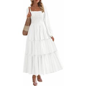 imagePRETTYGARDEN Spring Dresses for Women 2026 Casual Long Sleeve Smocked Ruffle Flowy Elegant Wedding Guest Maxi Dress PocketsWhite