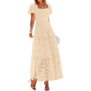 imagePRETTYGARDEN Summer Dresses for Women 2026 Eyelet Square Neck Puff Sleeve Smocked Wedding Guest Maxi Dress with PocketsBeige