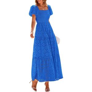 imagePRETTYGARDEN Summer Dresses for Women 2026 Eyelet Square Neck Puff Sleeve Smocked Wedding Guest Maxi Dress with PocketsBlue