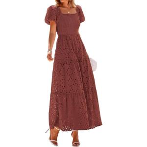 imagePRETTYGARDEN Summer Dresses for Women 2026 Eyelet Square Neck Puff Sleeve Smocked Wedding Guest Maxi Dress with PocketsBrown Red