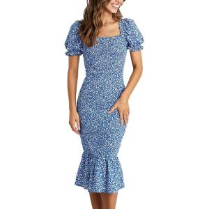 imagePRETTYGARDEN Summer Floral Bodycon Midi Dresses 2026 Puff Sleeve Mermaid Cocktail Baby Shower Photoshoot Maternity DressBlue