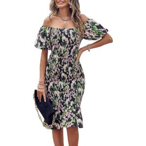 imagePRETTYGARDEN Summer Floral Bodycon Midi Dresses 2026 Puff Sleeve Mermaid Cocktail Baby Shower Photoshoot Maternity DressFloral Black Green Red
