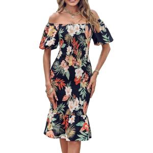 imagePRETTYGARDEN Summer Floral Bodycon Midi Dresses 2026 Puff Sleeve Mermaid Cocktail Baby Shower Photoshoot Maternity DressFloral Black Red