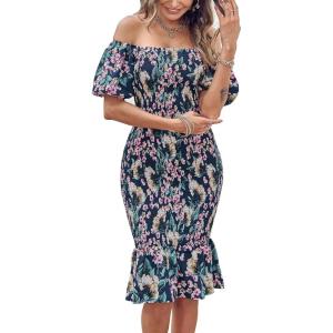 imagePRETTYGARDEN Summer Floral Bodycon Midi Dresses 2026 Puff Sleeve Mermaid Cocktail Baby Shower Photoshoot Maternity DressFloral Blue Green Red