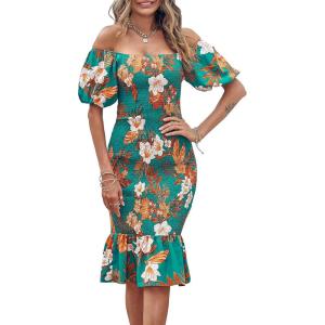 imagePRETTYGARDEN Summer Floral Bodycon Midi Dresses 2026 Puff Sleeve Mermaid Cocktail Baby Shower Photoshoot Maternity DressFloral Green Orange