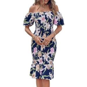 imagePRETTYGARDEN Summer Floral Bodycon Midi Dresses 2026 Puff Sleeve Mermaid Cocktail Baby Shower Photoshoot Maternity DressFloral Navy White