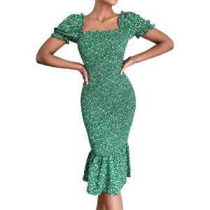 imagePRETTYGARDEN Summer Floral Bodycon Midi Dresses 2026 Puff Sleeve Mermaid Cocktail Baby Shower Photoshoot Maternity DressGreen