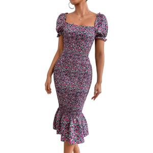 imagePRETTYGARDEN Summer Floral Bodycon Midi Dresses 2026 Puff Sleeve Mermaid Cocktail Baby Shower Photoshoot Maternity DressPurple