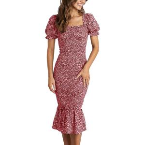 imagePRETTYGARDEN Summer Floral Bodycon Midi Dresses 2026 Puff Sleeve Mermaid Cocktail Baby Shower Photoshoot Maternity DressRed