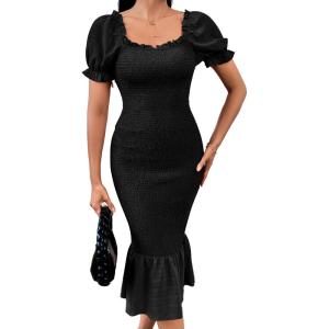 imagePRETTYGARDEN Summer Floral Bodycon Midi Dresses 2026 Puff Sleeve Mermaid Cocktail Baby Shower Photoshoot Maternity DressSolid Black